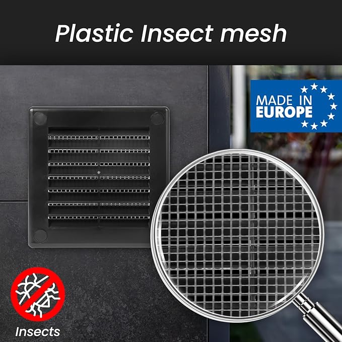 Repa Market 4 x 4 Inch (Outer) Black Square Air Vent Cover - Pack of 2 Plastic Fresh Air Intake Vent - AC Cover with Nylon Mesh Screen, Wall, Ceiling HVAC Return Air Register, Modern Soffit Vents