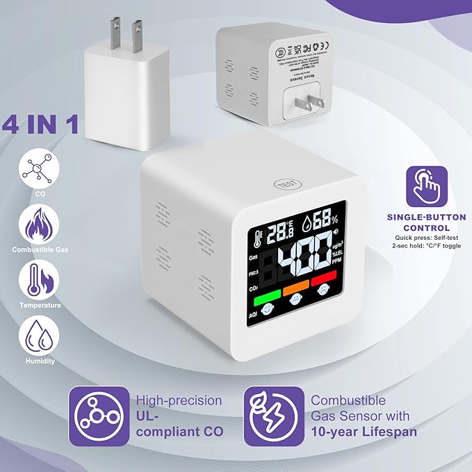 Plug-in 4-in-1 Gas & CO Detector with Temp/Humidity - Natural Gas, Propane & Methane Detector for Home, RV & Apartments (1, White-Beep Edition)