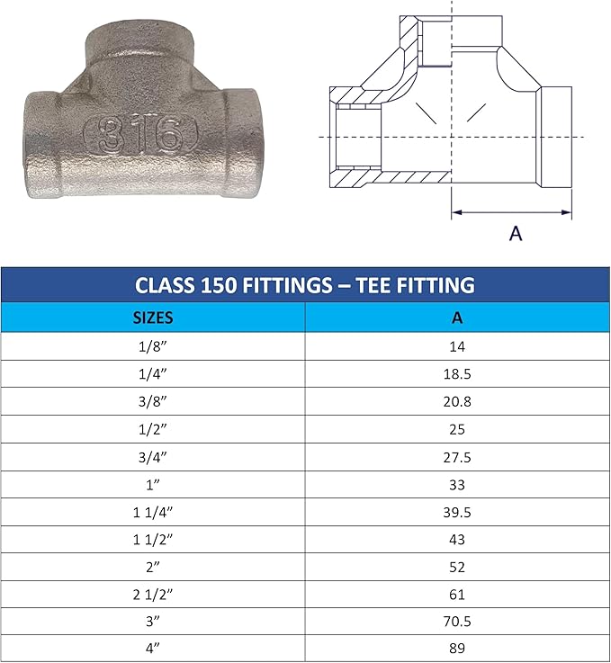 AF Hydro Stainless Steel SS316 Tee Pipe Fitting, 1/2''NPT Female Thread, Pressure Rating up to 150 PSI, Class 150 Connector Adapter, 2 pcs in a pack