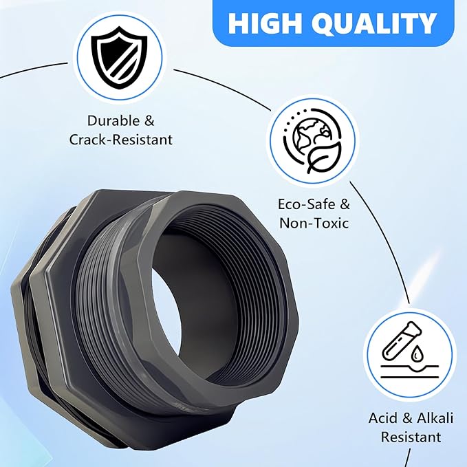 Bulkhead Fitting 2 Inch PVC - Heavy-Duty Plumbing Kit for Water Tank, Aquariums, Rain Barrels & Pools with Reinforced Seals (2 Inch)