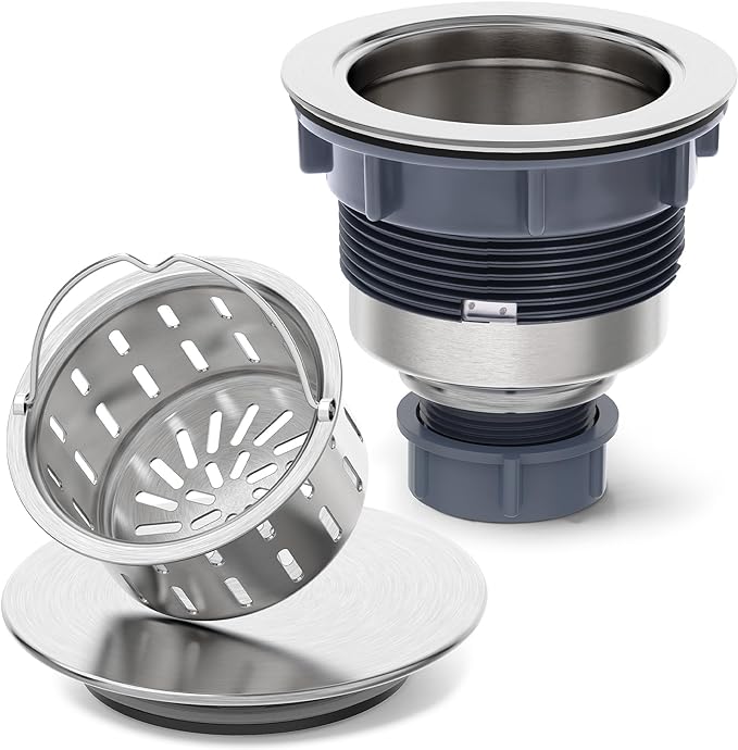 BOTEMY Stainless Steel Sink Drain Strainer 3-1/2 Inch Kitchen Sink Drain Assembly Kit with Removable Deep Sink Strainer Basket and Sink Stopper Flat Cover Replacement for Home Standard Kitchen Sinks