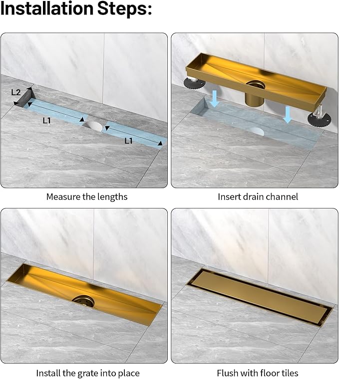 Linear Shower Drain, 304 Stainless Steel with Adjustable Leveling Feet, Hair Strainer,Reversely Install Place to Create an Invisible Floor Drain - Gold -18-Inch