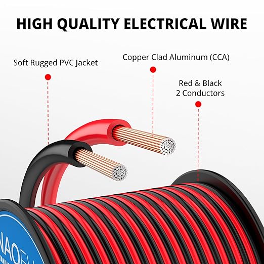 NAOEVO 16 Gauge Wire 50FT, 2 Conductors Electrical Wire Red Black Cable, Flexible/Low Voltage/PVC 16 AWG Copper Clad Aluminum Extension Cord for Speaker, LED Strips, Automotive 12V/24V DC