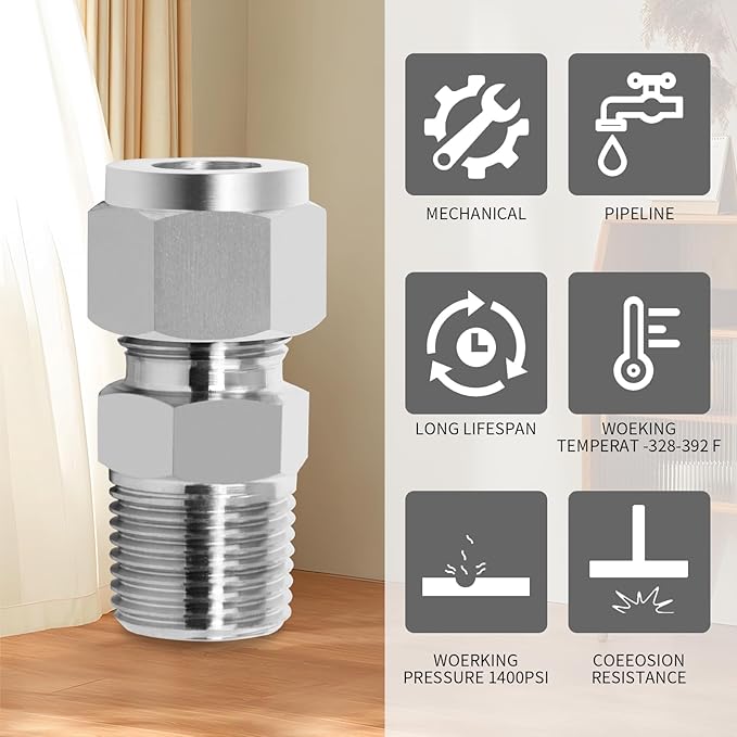 ChillWaves 304 Stainless Steel Compression Tube Fitting, 1/8" OD x 1/8" NPT Male Compression Union Connector(5-PACK)