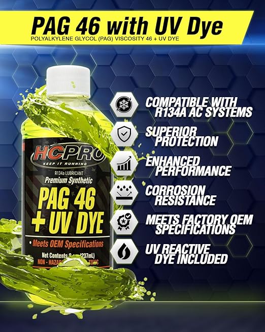 HCPRO PAG 46 UV Dye A/C Compressor Oil – High-Viscosity Leak Detection Lubricant for Auto A/C Systems, Professional-Grade PAG 46 Lubricant for Compressor Protection & System Maintenance (6)