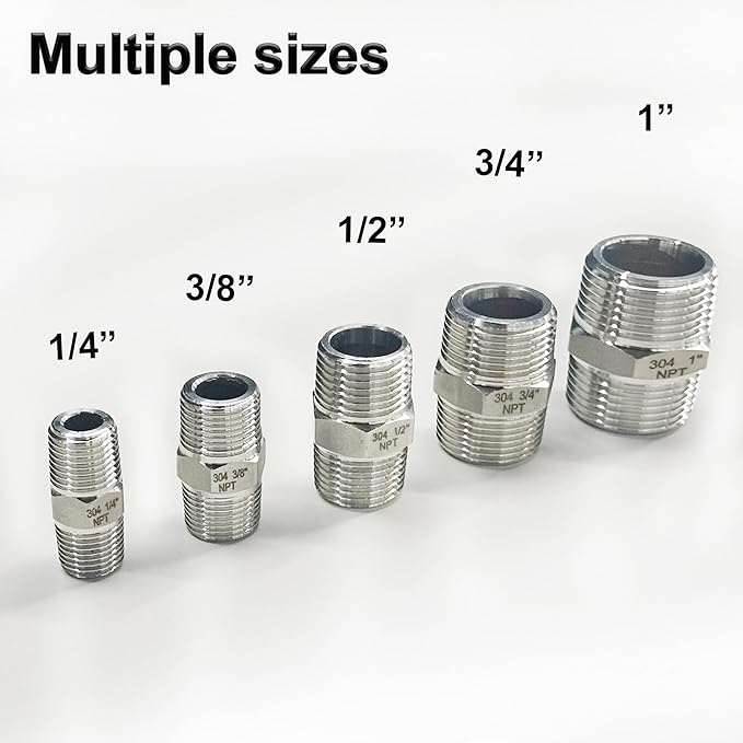 ZOUNI 5PCS Hex Nipple 3/8" Male x 3/8" Male Pipe Fittings, 304 Stainless Steel NPT 3/8 inch Male Threaded Pipe Adapter Fittings Equal Nipples Connectors, Male Straight Connector Pipe Fitting