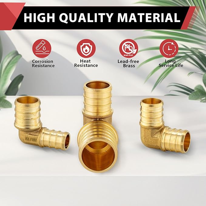 3-Pack EFIELD 3/4" Pex x 1" Pex Reducing Elbow Brass Barb Crimp Fittings, ASTM F1807,(PEX1807066-3PCS)