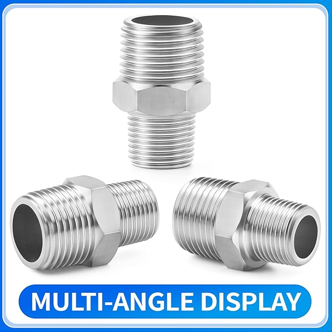 ChillWaves 304 Stainless Steel Pipe Fitting, Reducer Hex Nipple 3/8" NPT Male x 1/4" NPT Male Thread Adapter(6-PACK)