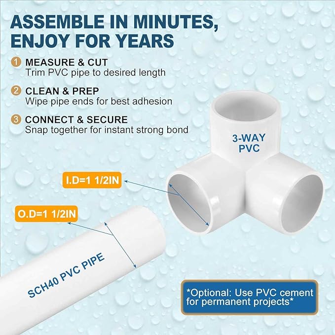4 Pack 1 1/2" SCH40 PVC Elbow Pipe Fitting, 3-Way PVC Elbow Corner Side Outlet Tee Fitting, Furniture Grade Pipe Connectors for DIY Project, Pond Protection, Socket x Socket, White