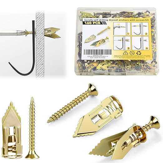 160PCS Upgraded Self Drilling Drywall Anchors with Screws Kit - 80 Corrosion-Resistant Zinc Winged Anchors + 80 Screws for Sheetrock/Gypsum Board/Hollow Walls, No Drill, Making Anchoring Easy