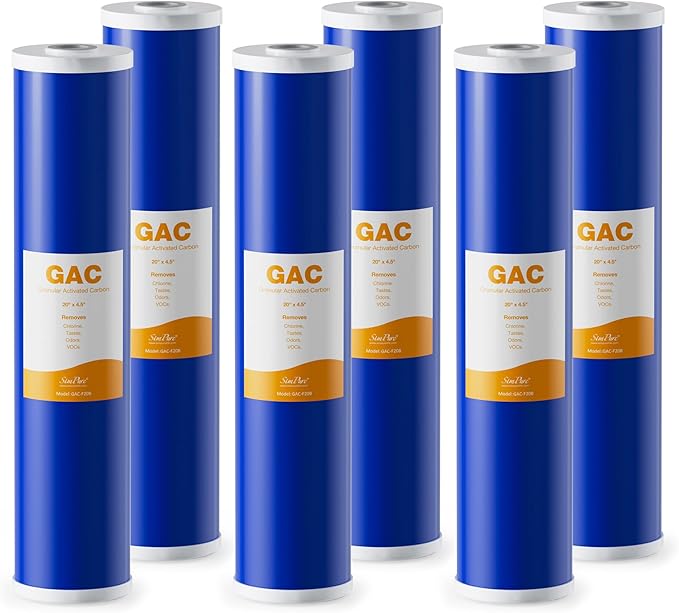 SimPure Whole House Water Filter Cartridges 20" x 4.5" GAC Granular Carbon Filter, For DB20P, DB20P-3, WHB20, GAC-20BB, RFC20-BB, 6 Pack