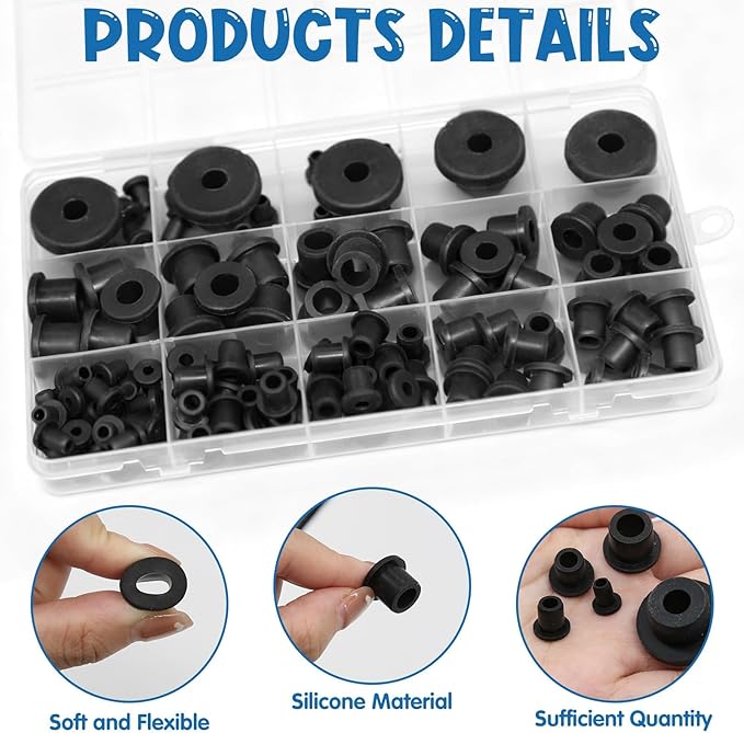 115 Pcs T-Type Silicone Rubber Grommet Kit, 6 Sizes Bushings for Wiring, T-Type Design Grommets for Hydroponics, Valve & Pipe Repair, Cable Protection in Automotive, Gardening & Industrial Use