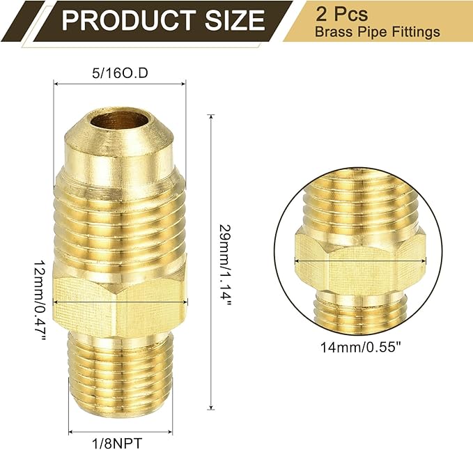 uxcell 2Pcs Brass Tube Fitting, 5/16O.D x 1/8NPT Brass Flared Pipe Adapter Fittings Reducing Nipples Connector, Half Union Gas Adapter for Pipe Connections, Hydraulics, Refrigeration