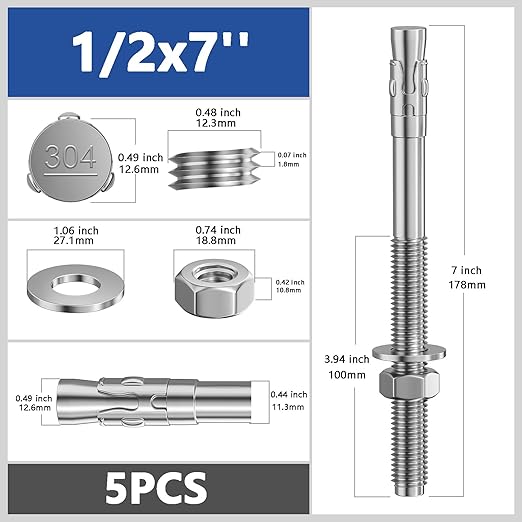 5Pcs 1/2x7 Inch Standard Fasteners for Heavy-Duty 304 Stainless Steel Wedge Anchors for Cement and Concrete