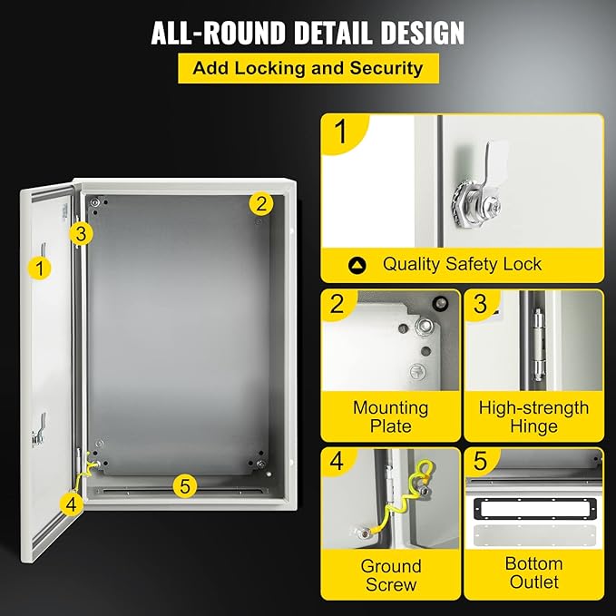 VEVOR NEMA Steel Enclosure, 24 x 16 x 10'' NEMA 4X Steel Electrical Box, IP66 Waterproof & Dustproof, Outdoor/Indoor Electrical Junction Box, with Mounting Plate