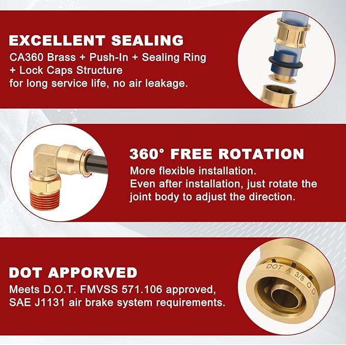 3/8" Quick Push to Connect Fittings Brass 90 Degree Union Swivel Elbow Joint DOT Approved 3/8" Tube OD x 3/8" NPT Thread Air Brake Line Adapter Air Suspension Kit for Car Truck Trailers 2pcs