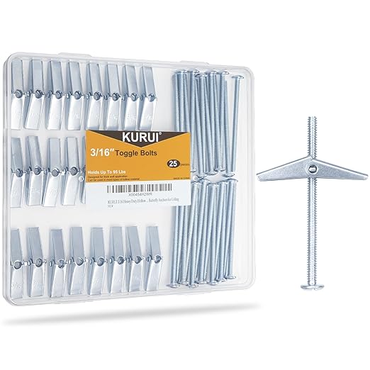 KURUI 3/16 Heavy Duty Drywall Anchors, 25 Pcs Metal Toggle Bolts with Bolts, Dry Wall Anchors and Screws Kit, Butterfly Anchors for Ceiling, Sheetrock, Hollow Wall