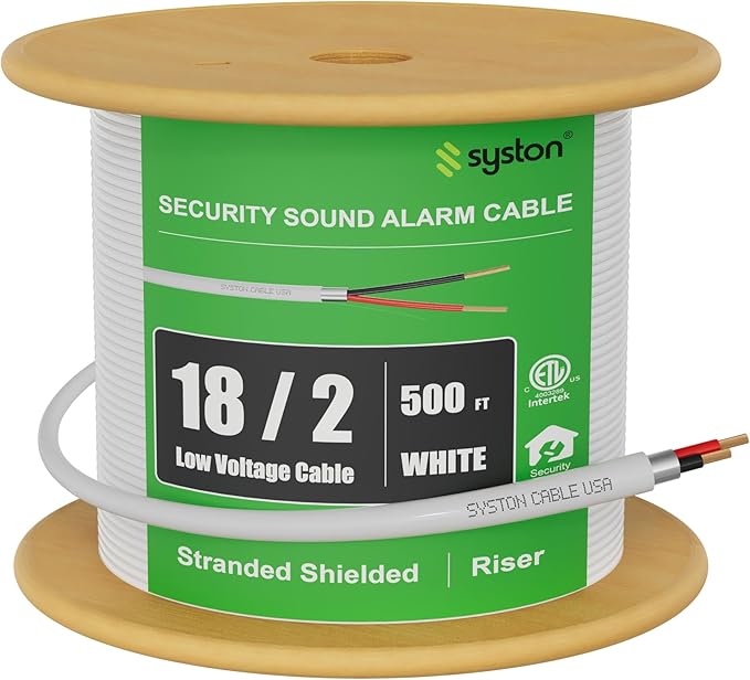 SYSTON 18/2 Fire Security Burglar Station Sound Alarm Control Cable Wire, Riser-Rated CMR/CL3R Shielded 100% Copper Stranded UL/ETL,UV Resistant RoHS for Indoor/Outdoor Low Voltage Applications Use