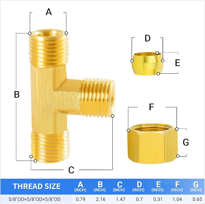 ChillWaves Brass Tee Compression Tube Fitting, 5/8" OD x 5/8" OD x 5/8" OD Compression Union Connector(2-PACK)