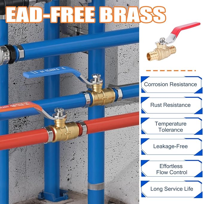 F1807 3/4" Pex Ball Valve, Brass Full Port Water Shut Off Ball Valve for Hot and Cold Water (10-Pack), UPC Certified