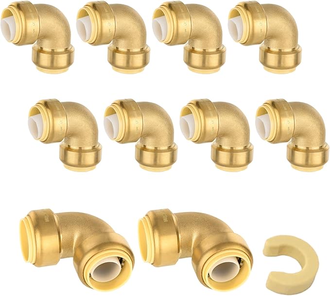 (Pack of 10) Niikappu 1/2 Inch x 1/2 Inch Elbow Brass Fitting, Push to Connect Brass Plumbing Fitting, PEX, Copper, CPVC, PE-RT Pipes(PF045)