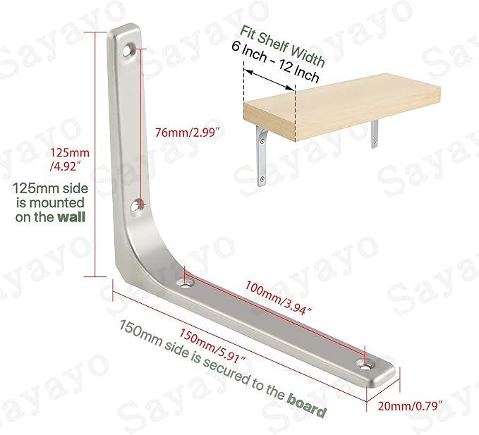 SAYAYO Heavy Duty Floating Shelf Brackets 6 Inch x 5 Inch, Stainless Steel Wall Shelf Brackets & Supports Brushed Nickel L Bracket, Angle Bracket Corner Brace for Wood, 4Pcs