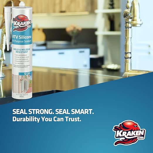 Kraken Bond Gray Silicone Sealant Waterproof% 100-10 fl oz Cartridge - RTV Silicone Caulk Kitchen and Bathroom, All Purpose, Window Caulking Sealant Outdoor, Exterior Use Silicon, Gun Incl - 12 Pack