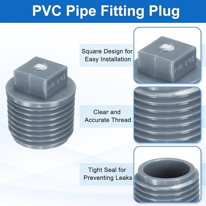 uxcell 5Pcs 1/2 Inch PT Male Thread PVC Pipe Fitting Plug, Cleanout Plugs, Water Drain End Caps Coupling Adapter with Tape for Water Heater Supply Lines, Plumbing, Gray