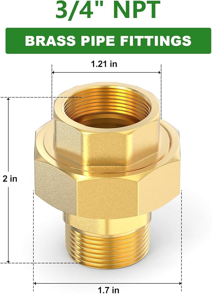 TAISHER 2PCS Brass Union，3/4" NPT Male x 3/4" NPT Female Brass Pipe Fitting