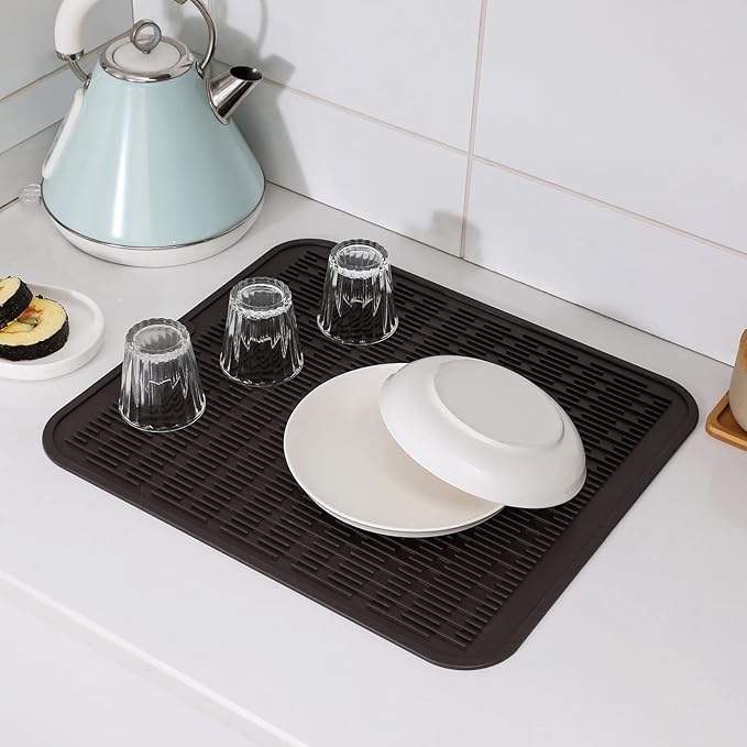 Silicone Dish Drying Mat for Multiple Usage,Easy clean,Eco-friendly,Heat-resistant Silicone Mat for Kitchen Counter or Sink,Refrigerator or Drawer Liner Coffee 2XL 24 inches x 18 inches
