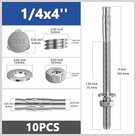 10Pcs 1/4x4 Inch Standard Fasteners for Heavy-Duty 304 Stainless Steel Wedge Anchors for Cement and Concrete