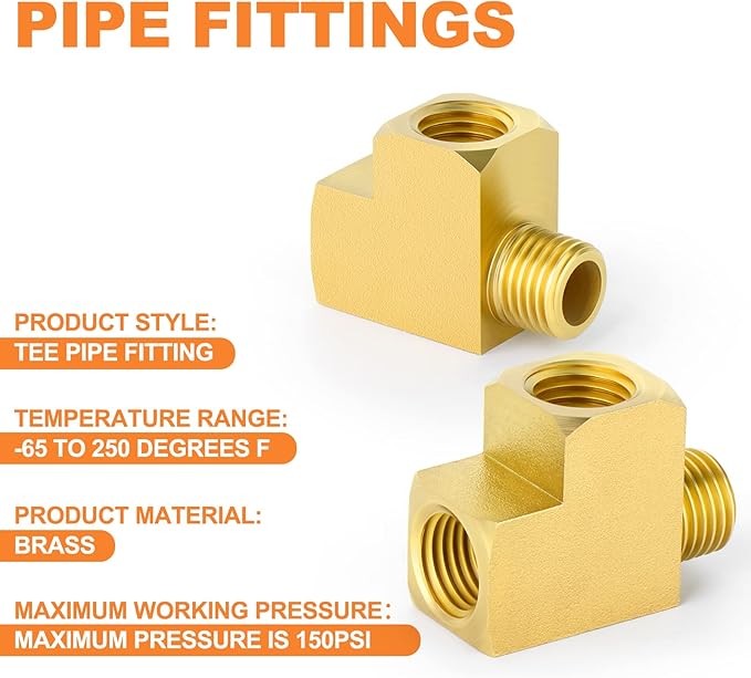 GASHER 3 Pcs Brass Tee Fitting, 1/4" FNPT x 1/4" FNPTx 1/4" MNPT Pipe Fittings, Male Run Tee