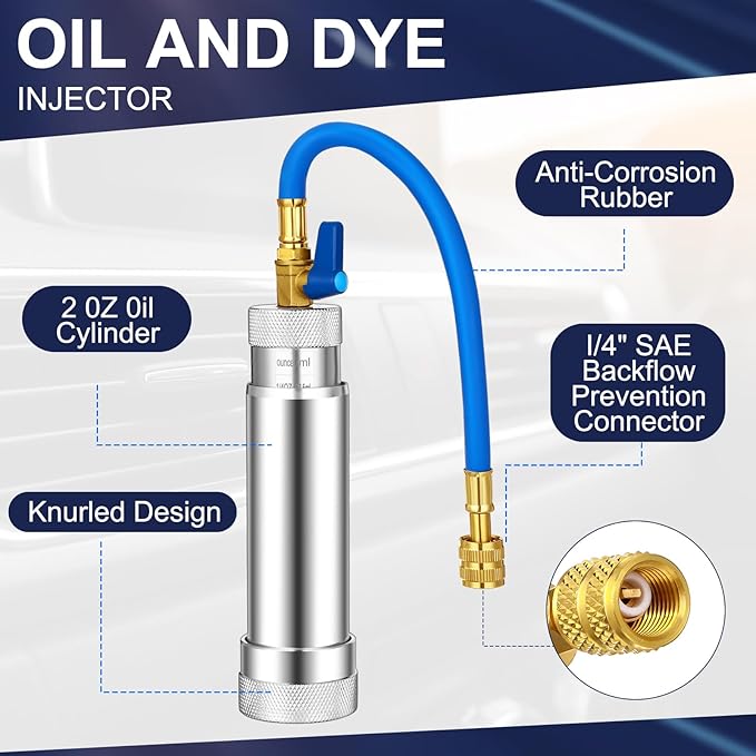 AC Leak Detector Kit, R1234yf R134a R410a AC Oil UV Dye Injector Kit Refrigerant Leak Detector Tool Low Side Quick Coupler Mini Split Adapter Glasses Flashlight(Useful)