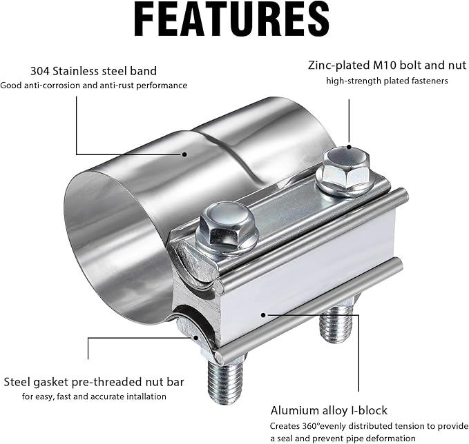 2 Inch Lap Joint Exhaust Band Clamp, 304 Stainless Steel Muffler Clamp, Pipe Clamps Sleeve Coupler for Pipes, Mufflers and Catalytic Converters