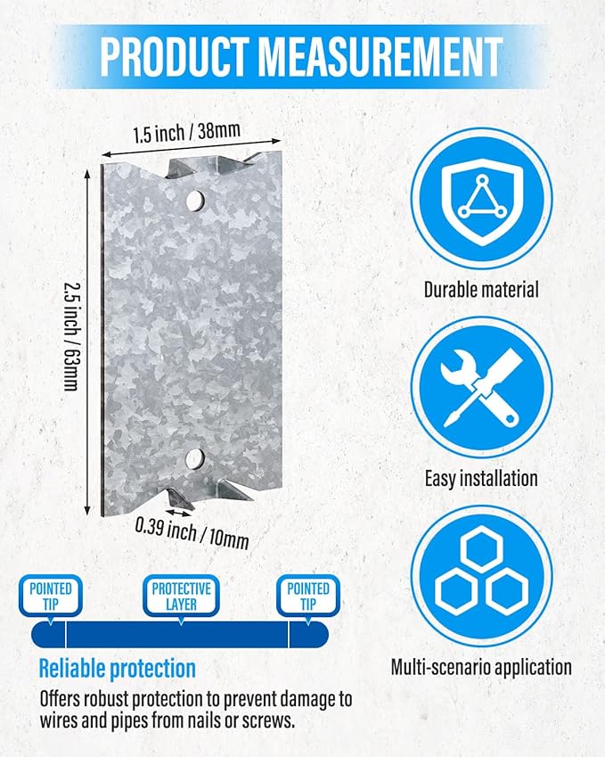 50 Pack Safety Nail Plates for Wood Studs, 2.5 x 1.5 Inch Cable Wire Protector, Metal Anti-Nail Protection with Sharp Pointed Prongs for Plumbing & Wiring Protection(Snowflake Silver)