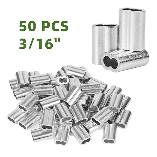 3/16" (50 PCS) Aluminum Wire Rope Sleeves, Crimping Loop Sleeve for 5mm Diameter Cable and Wire Rope, Double Barrel Crimp Sleeves Cable Ferrule for DIY, Fishing, Home & Crafts