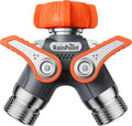 RAINPOINT Garden Hose Splitter, 2 Way Heavy Duty Water Hose Y Spigot Splitter with Shutoff Valves, 100% Metal Body Outdoor Faucet Splitter, 1.9" Extra Long Metal Handle, 3/4" GHT Thread (2, Orange)