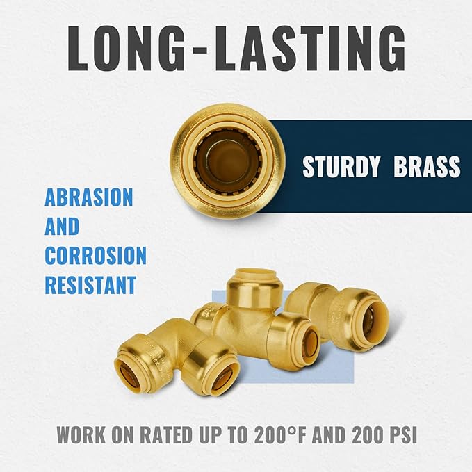 SUNGATOR Push Pex Fittings 3/4 Inch, 5 Each Coupling and Elbow, Tee (2 PCS), No Lead Brass Push-to-Connect Plumbing Fittings for Pex Pipe, Copper, CPVC, with 1 Disconnect Clip, Pack of 12