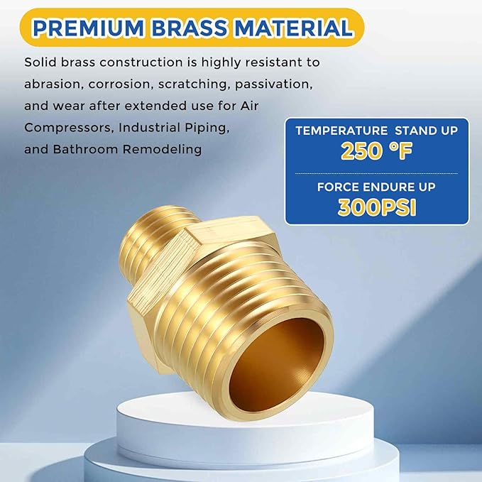 3 Pack Brass Pipe Fittings, 1/2" NPT Male to 1/4" NPT Male Brass Hex Nipple, Male Pipe Adapter Reducer for Air, Oil, LP