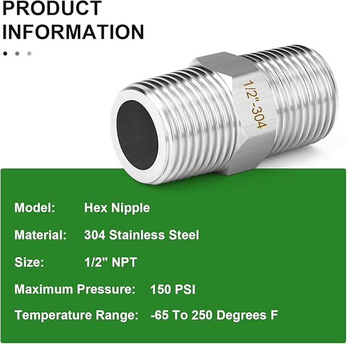 TAISHER 2PCS 304 Stainless Steel New Hex Nipple, 1/2" NPT Male x 1/2" NPT Male, Pipe Adapter Fitting