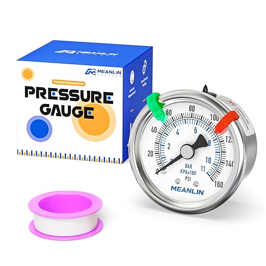 MEANLIN MEASURE 0~160Psi Dry Pressure Gauge Stainless Steel 1/4" NPT 2" FACE DIAL Waterproof for Air Compressor RV Regulator Water Pressure Tester Black Mount (with 2PCS Snaps)