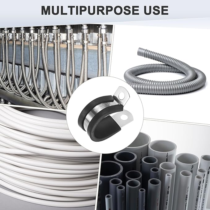 12-Pack Cable Clamps, 7/8 Inch/ 22 mm 304 Stainless Steel Rubber Cushioned Insulated Cable Clamp R Shape Metal Holder for Tube/Wire/Pipe/Loop Installation