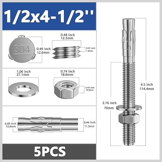 5Pcs 1/2x4-1/2 Inch Standard Fasteners for Heavy-Duty 304 Stainless Steel Wedge Anchors for Cement and Concrete