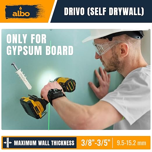 ALBO #8-100 pcs Self Drilling Drywall Anchor Set Hollow Wall with Screws (White Anchor 50pcs + Screws 50pcs) Plastic E-Z Ancor Kit