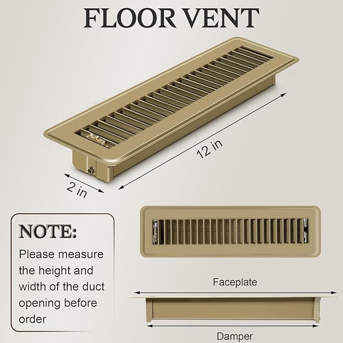 2 PCS Floor Vents Floor Registers 2x12 inch, Heavy Duty Metal Heat Air Vent Covers 2 X 12 with Rust Proof Finish for Home Office Wall Floor Registers Grilles & Vents (2, Brown, 2x12 Inches)