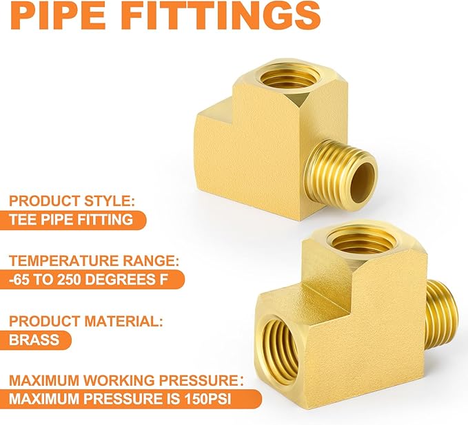 GASHER 5Pcs Brass Tee Fitting, 1/4" FNPT x 1/4" FNPTx 1/4" MNPT Pipe Fittings, Male Run Tee