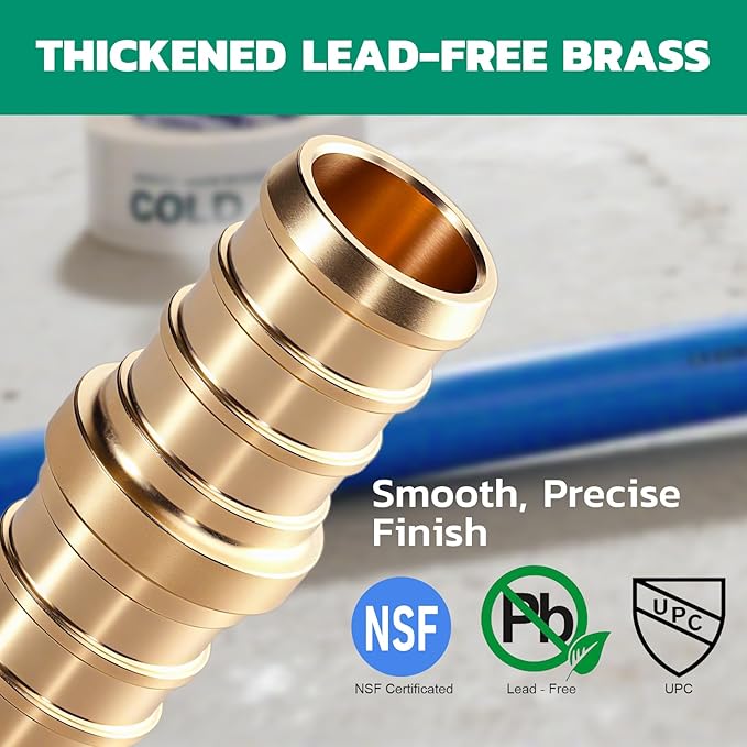 PEX Fittings 1/2 Inch, 12PCS Coupling Lead-Free Brass Connectors for PEX B Pipe, NSF UPC Certified, ASTM F1807, Compatible with Crimp/Clamp Rings (Hot/Cold Water, Hydronic Heating)