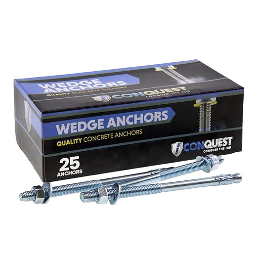 Conquest Zinc Plated Carbon Steel Concrete Wedge Anchors 1/2" x 8 1/2" - Heavy Duty Anchor Bolts for Interior Dry Environments and General Purpose Use (25 Pack)