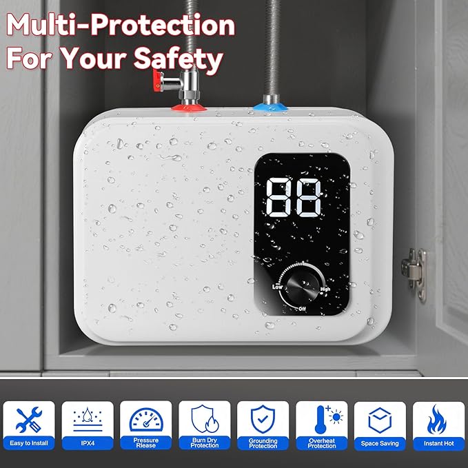2.5 Gallon Mini Tank Water Heater, 110V-120V 1500W Electric Hot Water Tank with Safety Valve, 1/2" NPT, Compact Under Sink Water Heater for Bathroom, RV, Camper, Kitchen (White)