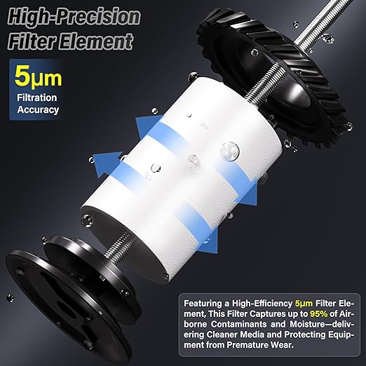 TAILONZ PNEUMATIC 1/2" NPT Industrial Grade Heavy Duty Particulate Air Filter with Metal Bowl - Paint Spray Compatible, Manual Drainage System